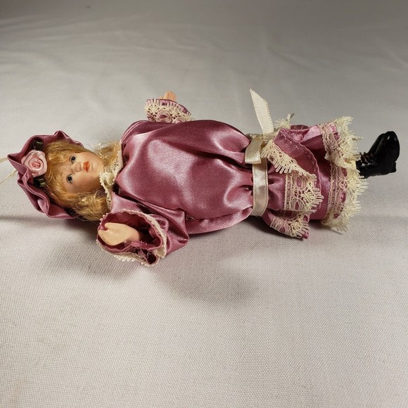 Vintage Doll Style Christmas Ornament Girl In Pink Dress Blonde Hair Flower Hat - Picture 5 of 9